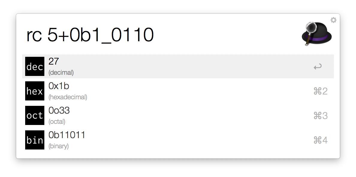 screenshot of the radix-calc Alfred workflow